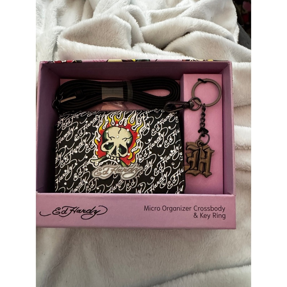 Ed Hardy Micro Organizer Crossbody & Key Ring Skull Flame Pink Black Gift Set